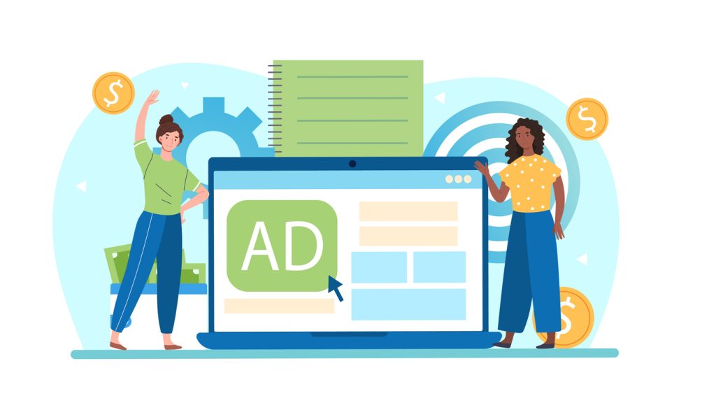 imagem ilustrada com duas pessoas ao lado de uma tela de computador com banner ad escrito AD