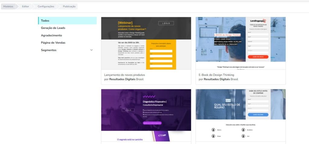 Modelos de landing pages no RD Station