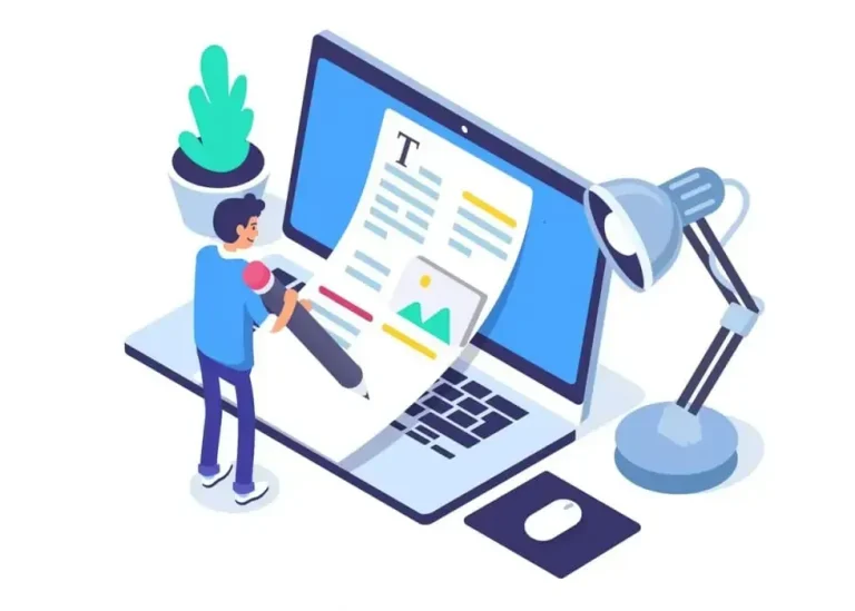 Ilustração de pessoa escrevendo em notebook aberto, representando criação de conteúdo evergreen para blogs. sites e outros canais digitais.