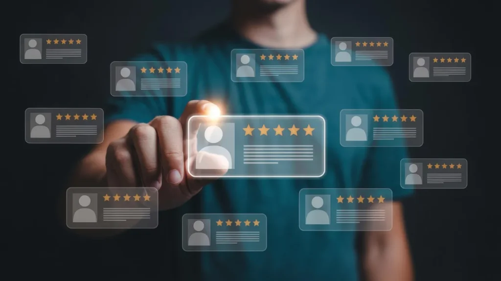 Interface digital com avaliações de usuários e estrelas demonstrando prova social online