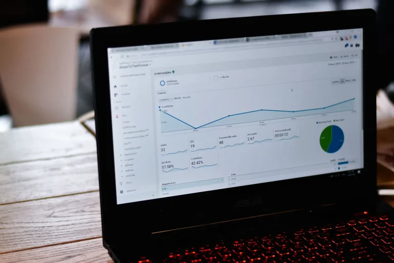 Tela de notebook exibindo métricas e gráficos de CTR no Google Ads, representando análise de desempenho.