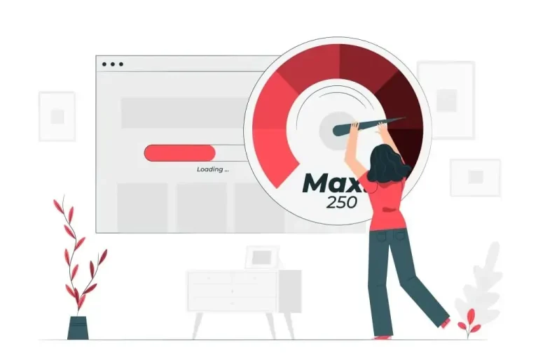 Ilustração de usuária ajustando velocímetro que simboliza desempenho máximo em campanha PMax do Google Ads.