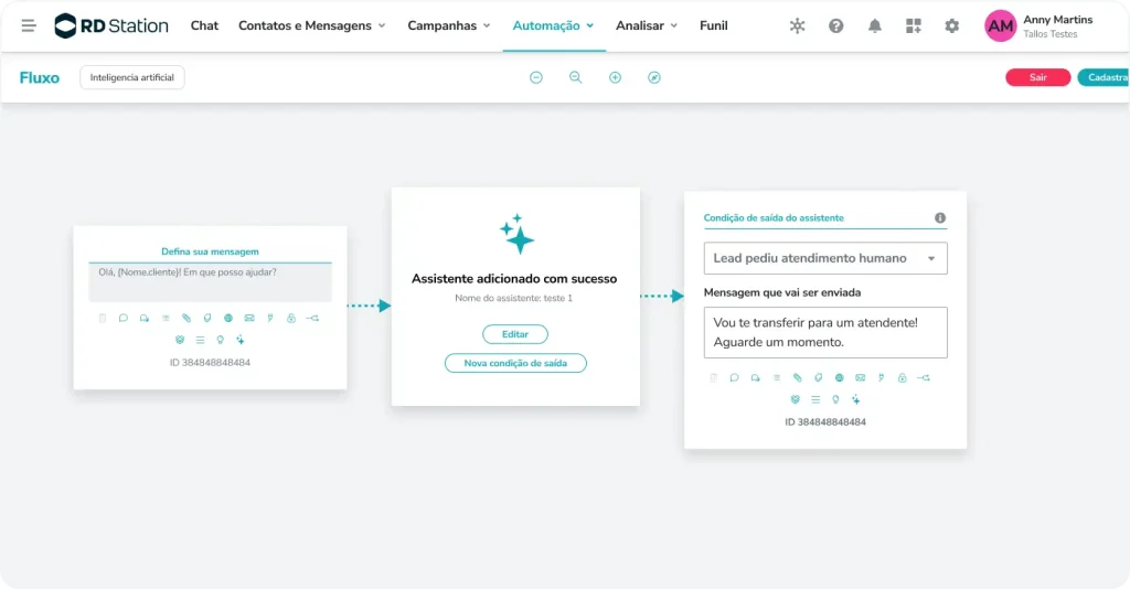 Tela do RD Station Conversas exibindo fluxo de automação com assistente de IA e condição de saída para atendimento humano.