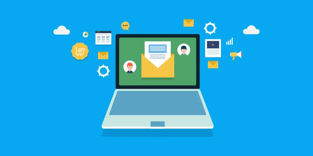 Ilustração de notebook com e-mail e ícones digitais representando marketing de conteúdo e estratégias de comunicação online