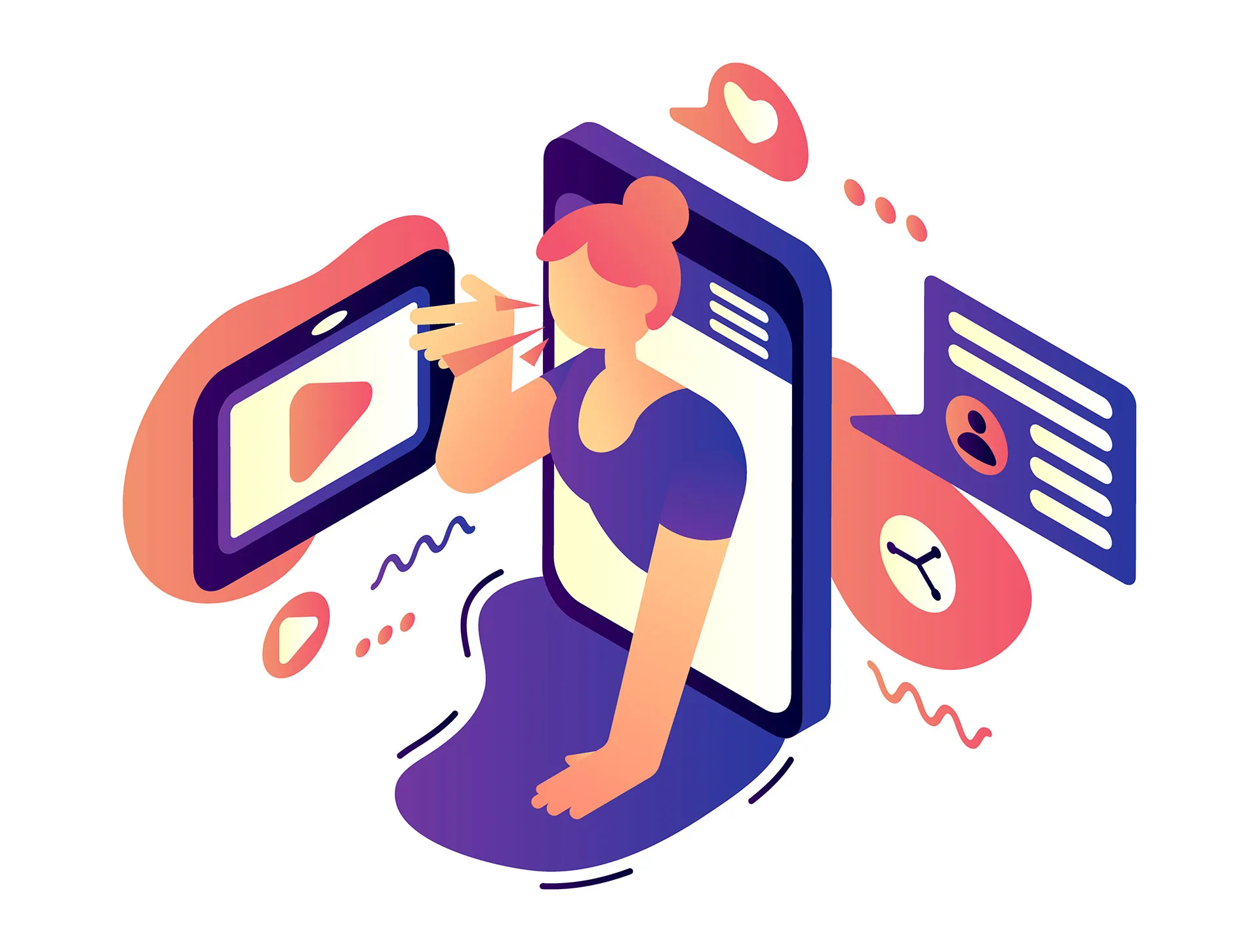 Ilustração de criadora produzindo conteúdo digital pelo celular, representando UGC e participação de usuários em mídias sociais.