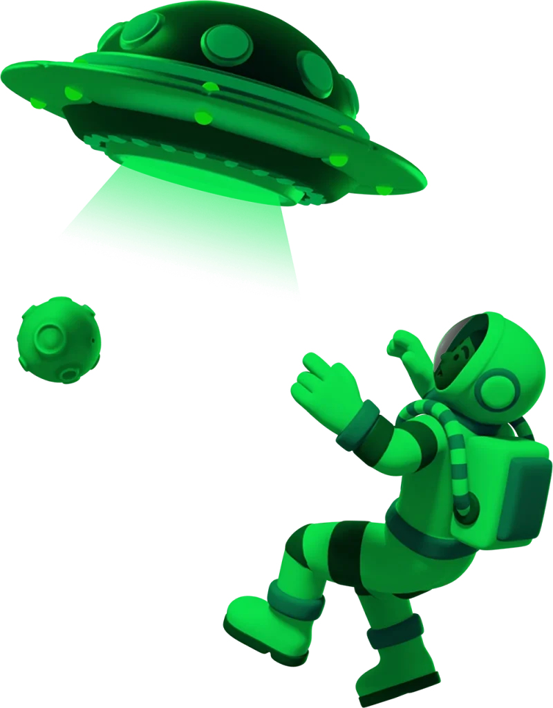 Ilustração 3D em verde de um astronauta e um disco voador, elemento visual da E-Dialog
