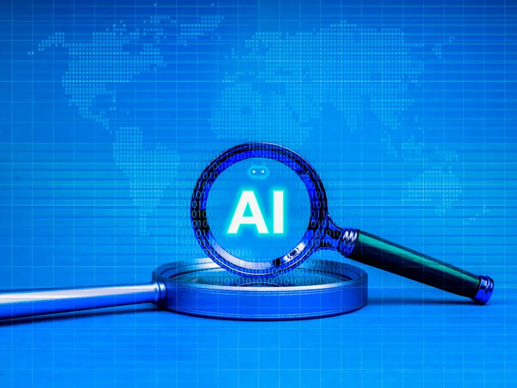 Lupa com a sigla AI em destaque sobre fundo azul com código binário, simbolizando SEO para IA em buscas generativas