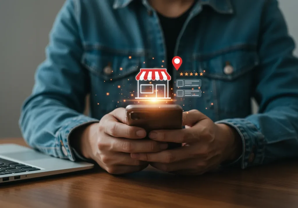 Mãos segurando um smartphone com ícone de loja, pin no mapa e avaliações saindo da tela, ilustrando o Perfil da Empresa no Google na busca local