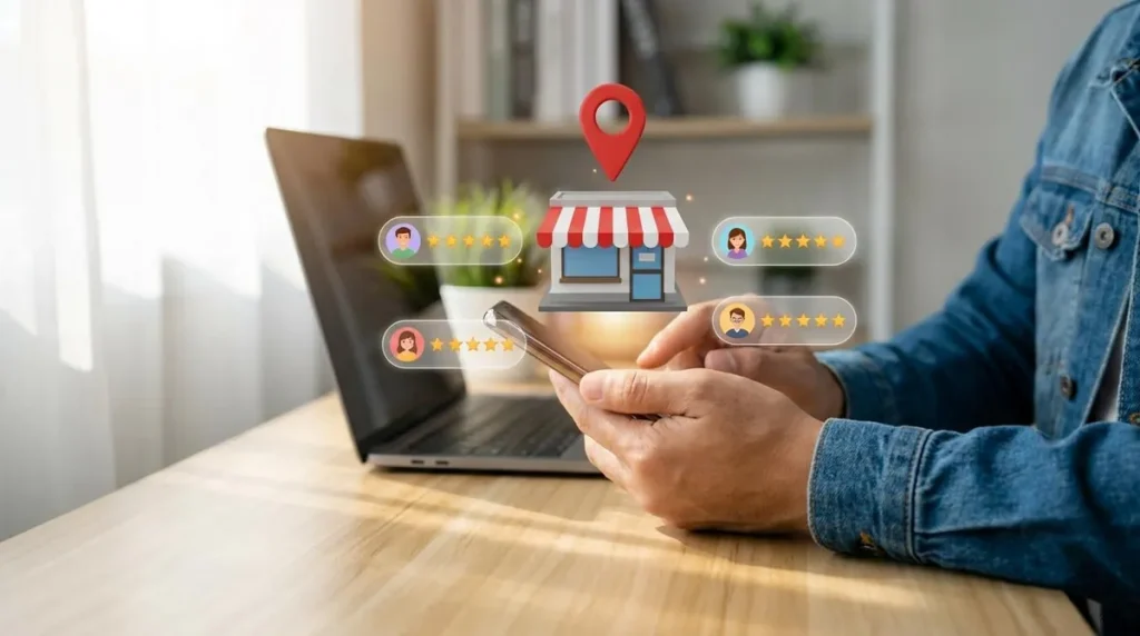 Pessoa usando o celular com ícones de loja, pin de localização e avaliações de cinco estrelas, representando o anúncio de um negócio local no Google Meu Negócio