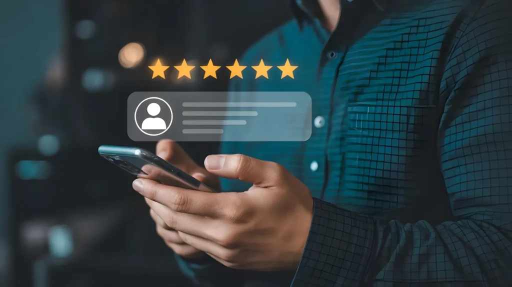 Homem segura celular com ícone de perfil e fileira de estrelas em destaque, ilustrando avaliações no Google