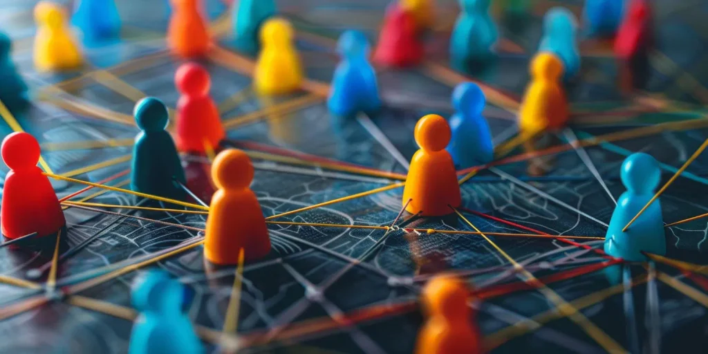 Bonecos coloridos ligados por fios sobre mapa, representando a rede de conexões criada pelo posicionamento de marca